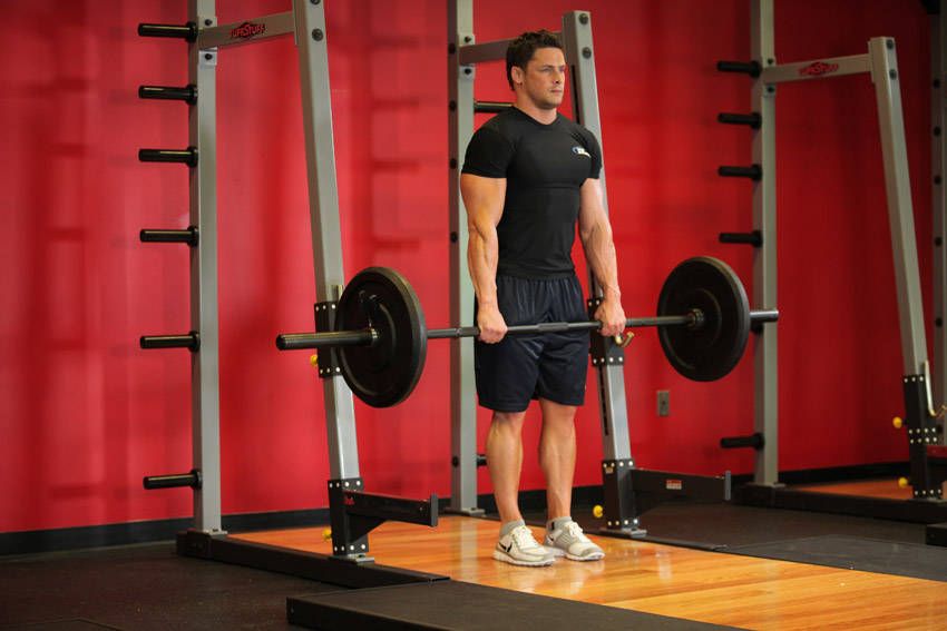 Barbell Shrug exercise demonstration, targeting the traps