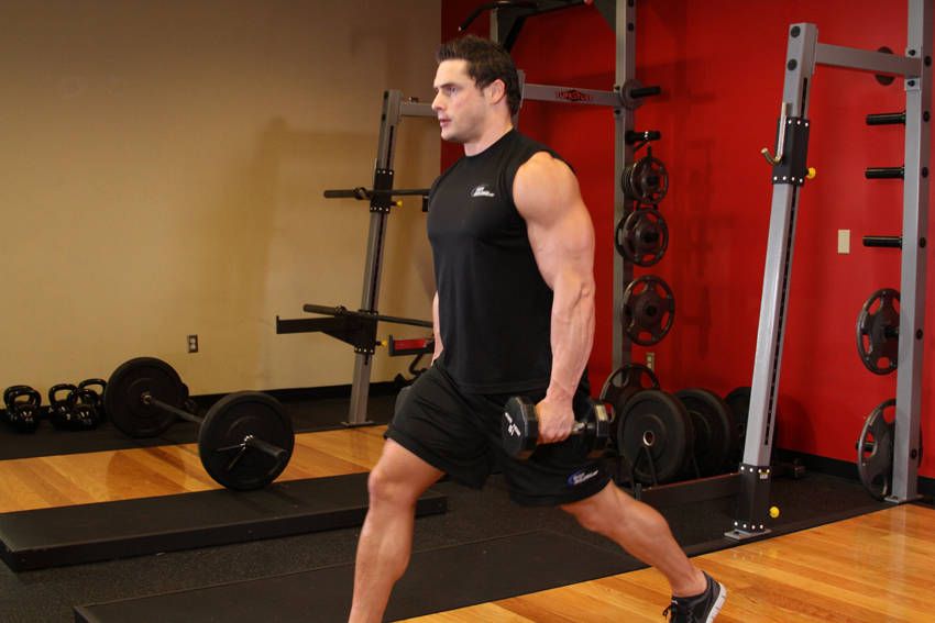 Dumbbell Forward Lunge exercise demonstration, targeting the quads
