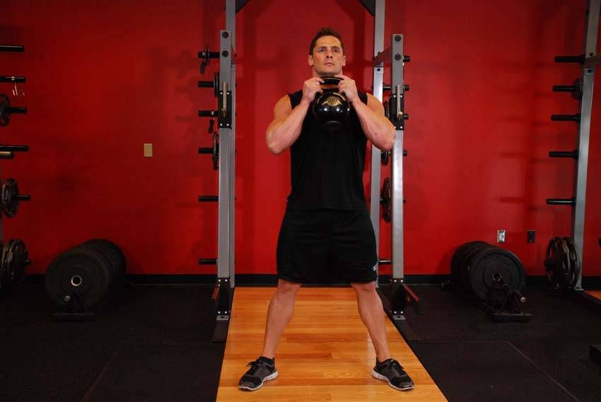 Goblet Squat exercise demonstration, targeting the quads