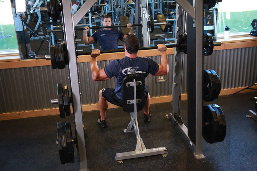 Smith Machine Overhead Press exercise demonstration, targeting the shoulders